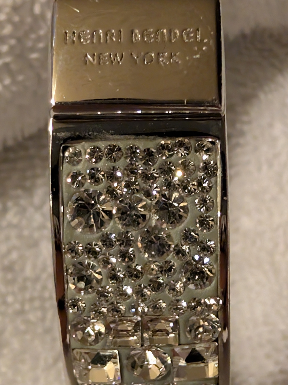 Henri Bendel Hinged Bangle Bracelet Silver Tone Crystal Accent EUC